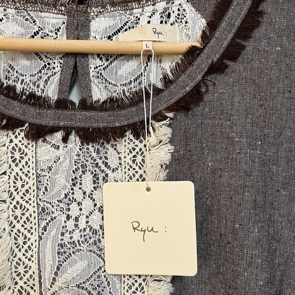 Ryu Bohemian Brown Chambray Fringe Lace Trim Bow Ties - Size Large - Picture 2 of 7